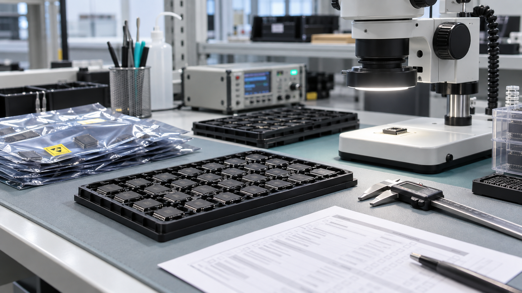 Electronics components arranged on an ESD-safe quality inspection bench with a microscope and calipers.