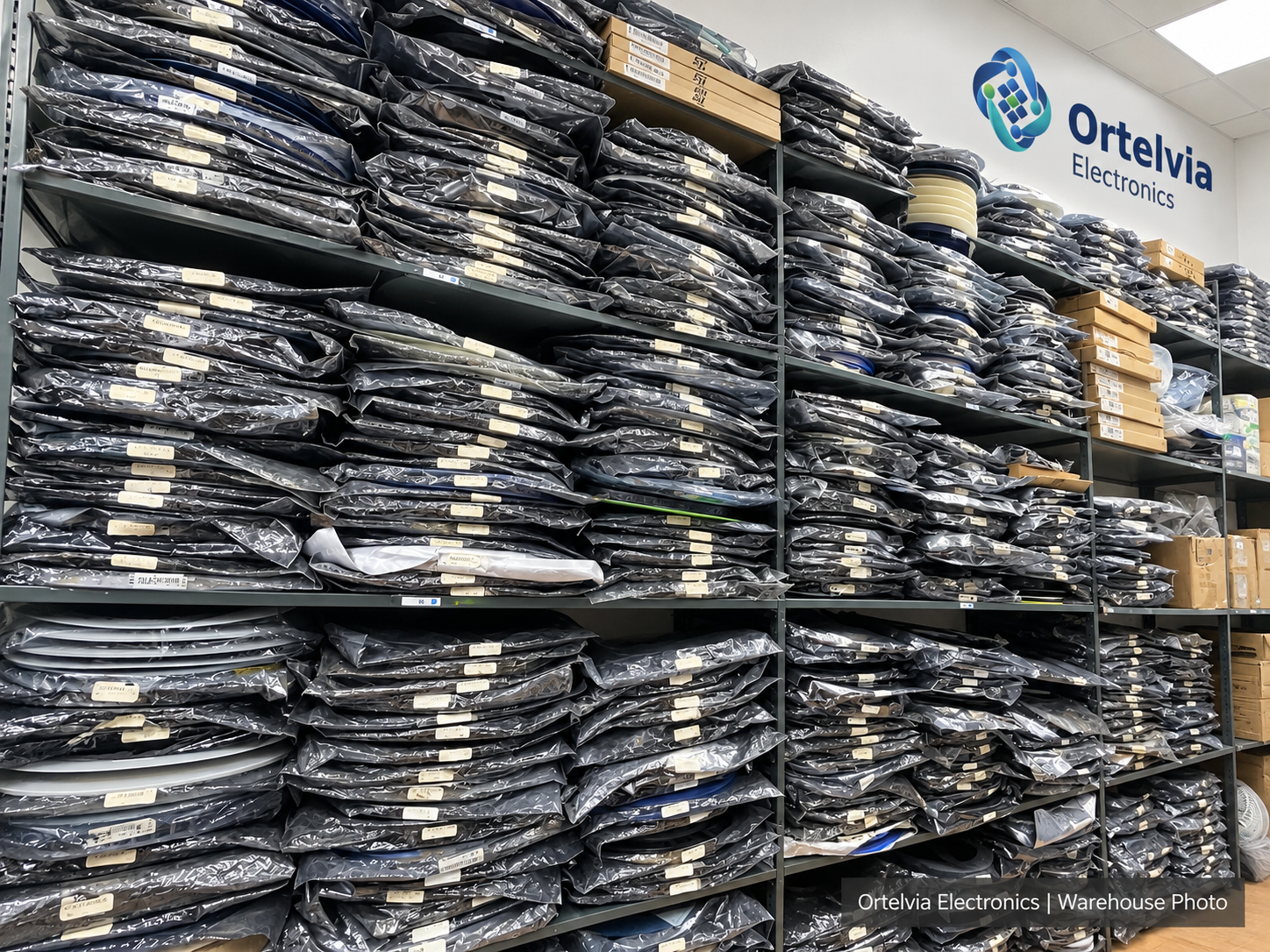 Ortelvia electronic components warehouse shelves with ESD packaging